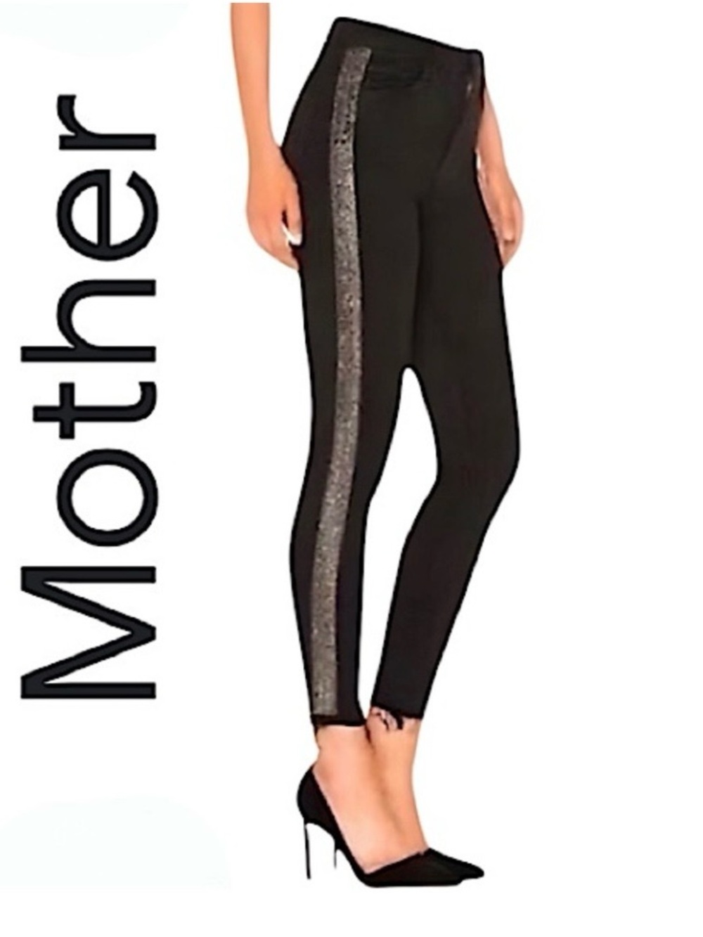 MOTHER Black High Waisted Looker Ankle Fray Jeans Guilty Flash Beaded Stripe 29